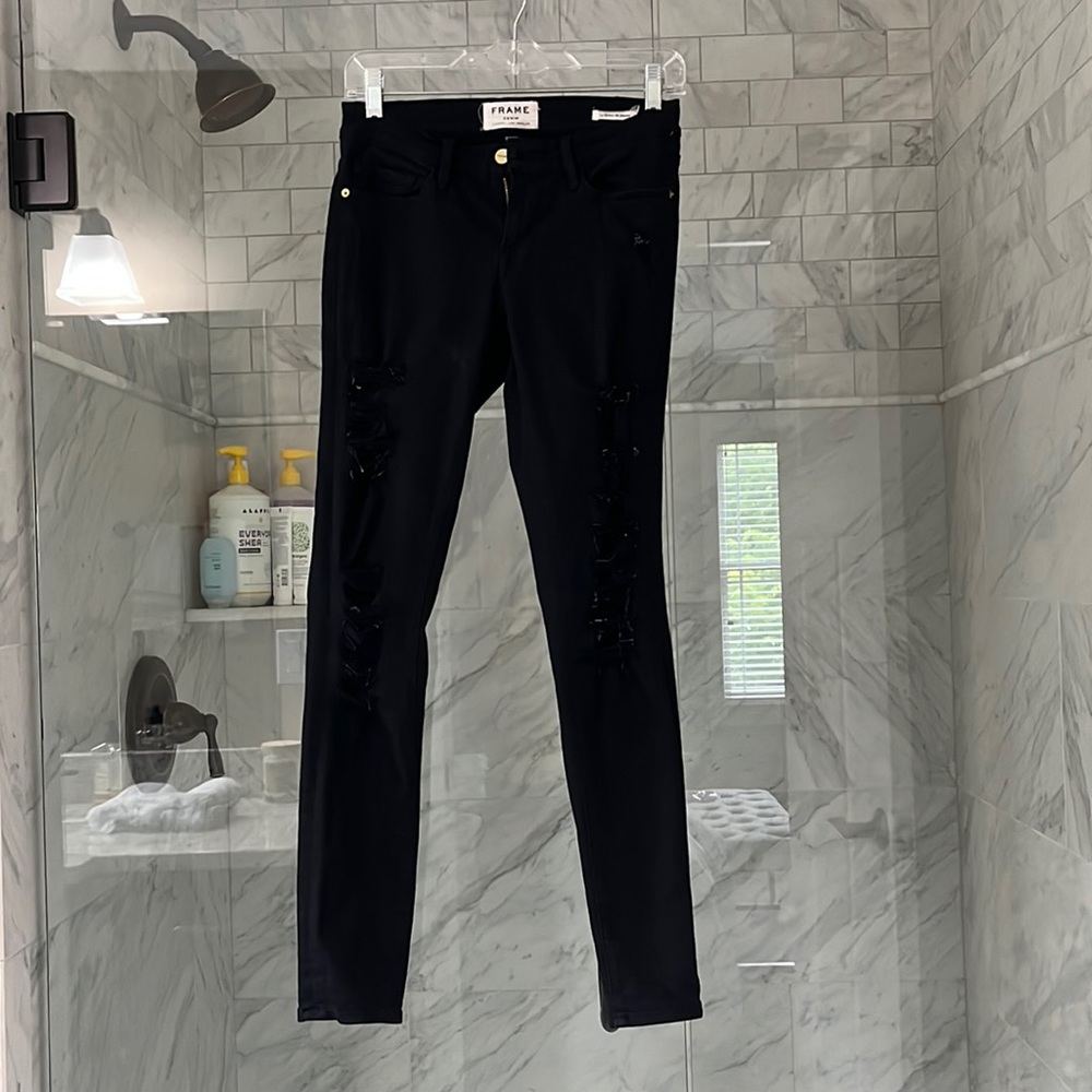 Frame denim black ripped skinny jeans